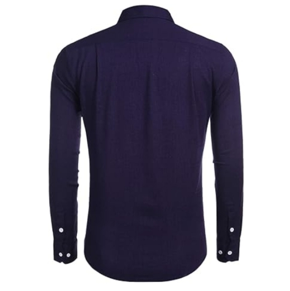 Men's Casual Button Down Shirt Long Sleeve Linen Chambray Navy Blue - Picture 3 of 5